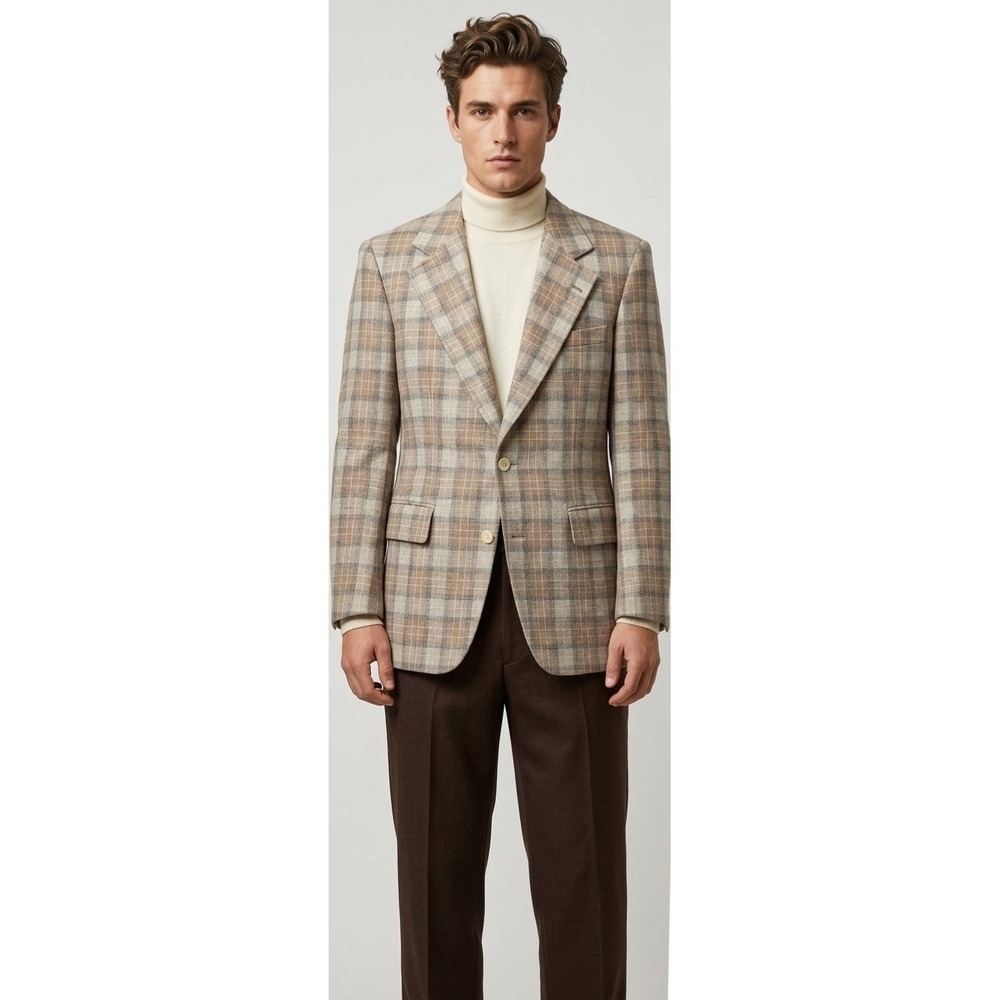 Vintage Men's Sport Coat 42R Brown Cream Plaid Blazer USA 70s 80s Wool Silk Poly